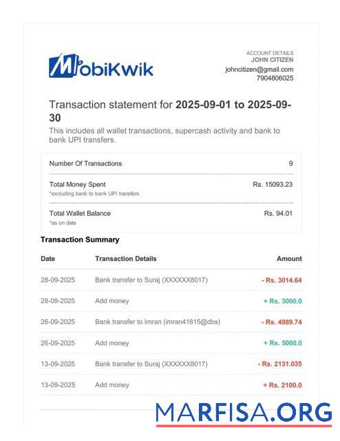 Blank India MobiKwik transaction statement word sample